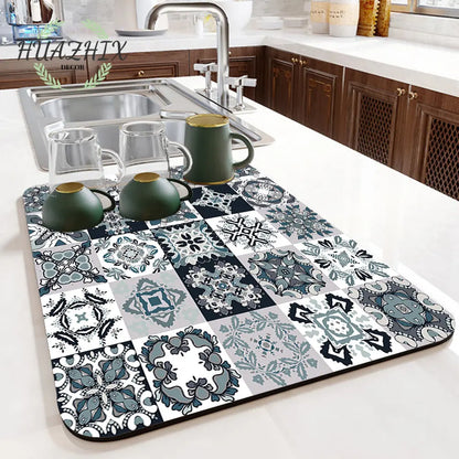 Boho Printed Dish Drying Mat Diatom Mud Water Absorbent Kitchen Sink Pad Splash Drainage Placemat Bathroom Bath Anti-skid Rugs