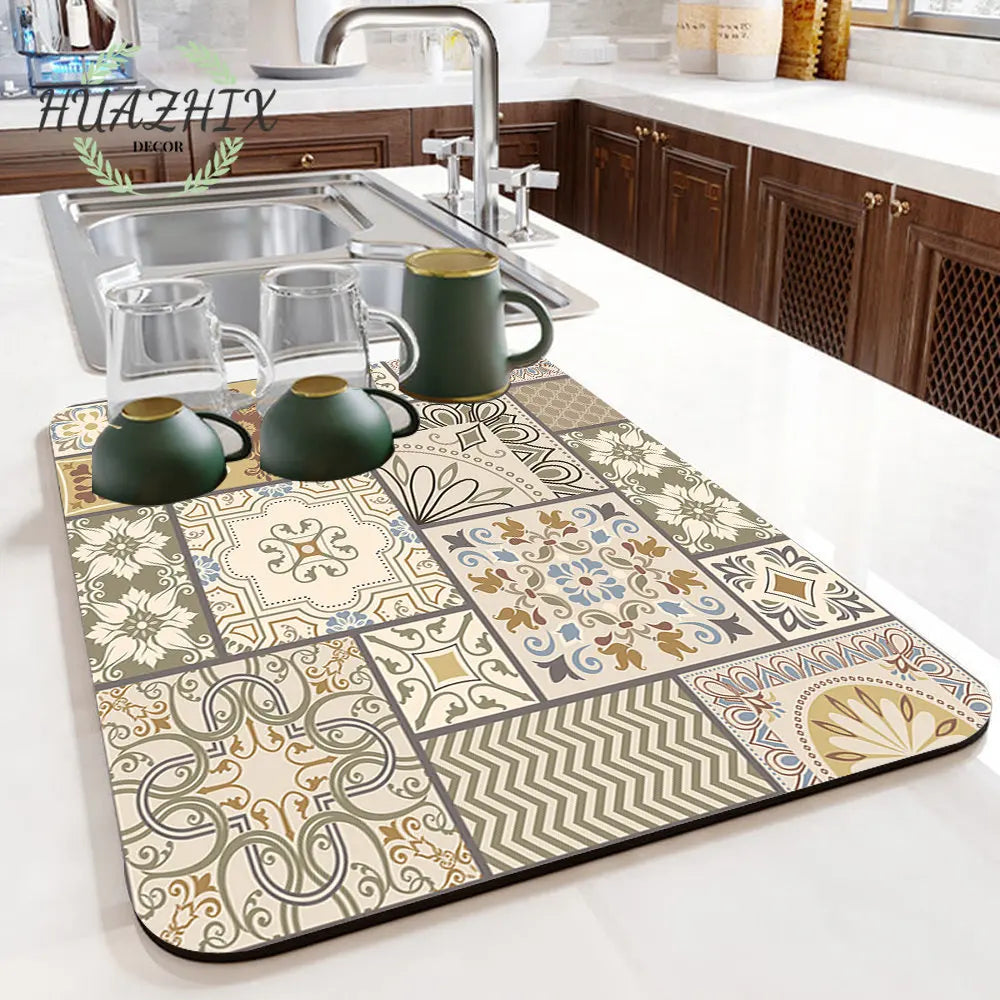 Boho Printed Dish Drying Mat Diatom Mud Water Absorbent Kitchen Sink Pad Splash Drainage Placemat Bathroom Bath Anti-skid Rugs