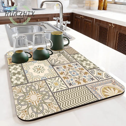 Boho Printed Dish Drying Mat Diatom Mud Water Absorbent Kitchen Sink Pad Splash Drainage Placemat Bathroom Bath Anti-skid Rugs