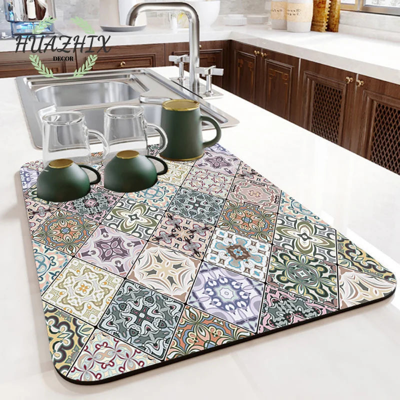 Boho Printed Dish Drying Mat Diatom Mud Water Absorbent Kitchen Sink Pad Splash Drainage Placemat Bathroom Bath Anti-skid Rugs