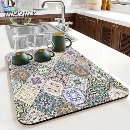 Boho Printed Dish Drying Mat Diatom Mud Water Absorbent Kitchen Sink Pad Splash Drainage Placemat Bathroom Bath Anti-skid Rugs