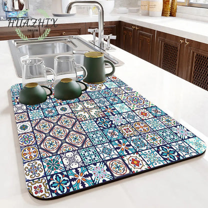 Boho Printed Dish Drying Mat Diatom Mud Water Absorbent Kitchen Sink Pad Splash Drainage Placemat Bathroom Bath Anti-skid Rugs