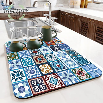Boho Printed Dish Drying Mat Diatom Mud Water Absorbent Kitchen Sink Pad Splash Drainage Placemat Bathroom Bath Anti-skid Rugs