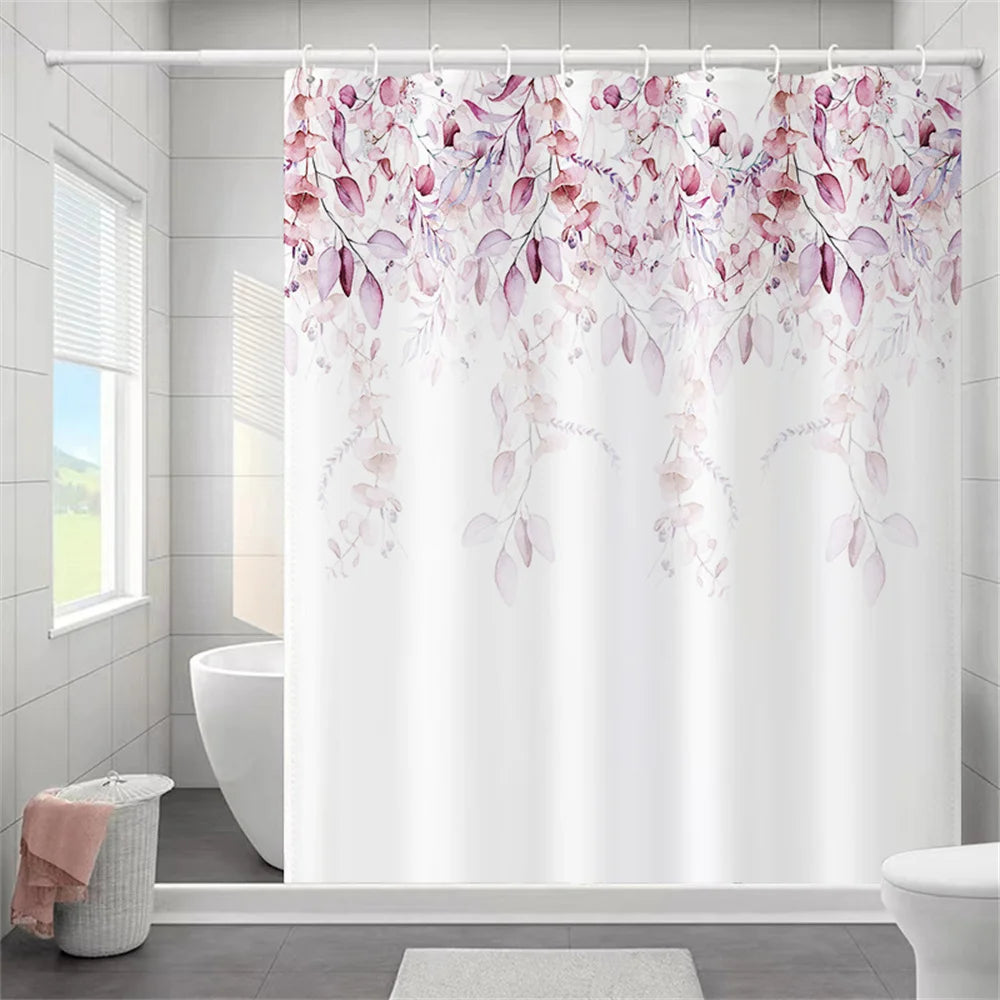 Butterfly Floral Bathroom Curtain Elegant Backleaf Shower Curtain Bathroom Polyester Waterproof Fabric Trim Hooks  Bath Curtain