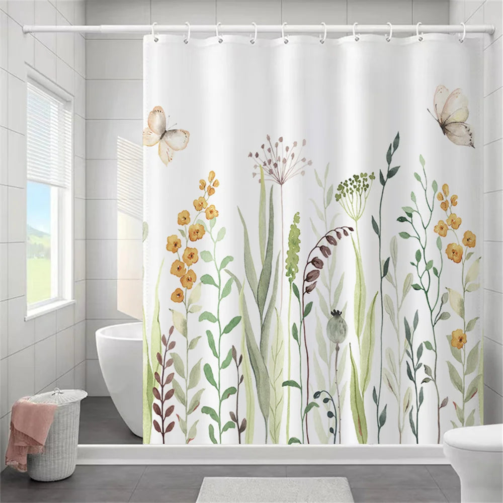Butterfly Floral Bathroom Curtain Elegant Backleaf Shower Curtain Bathroom Polyester Waterproof Fabric Trim Hooks  Bath Curtain