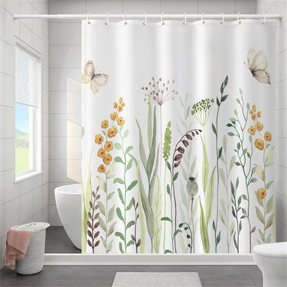 Butterfly Floral Bathroom Curtain Elegant Backleaf Shower Curtain Bathroom Polyester Waterproof Fabric Trim Hooks  Bath Curtain