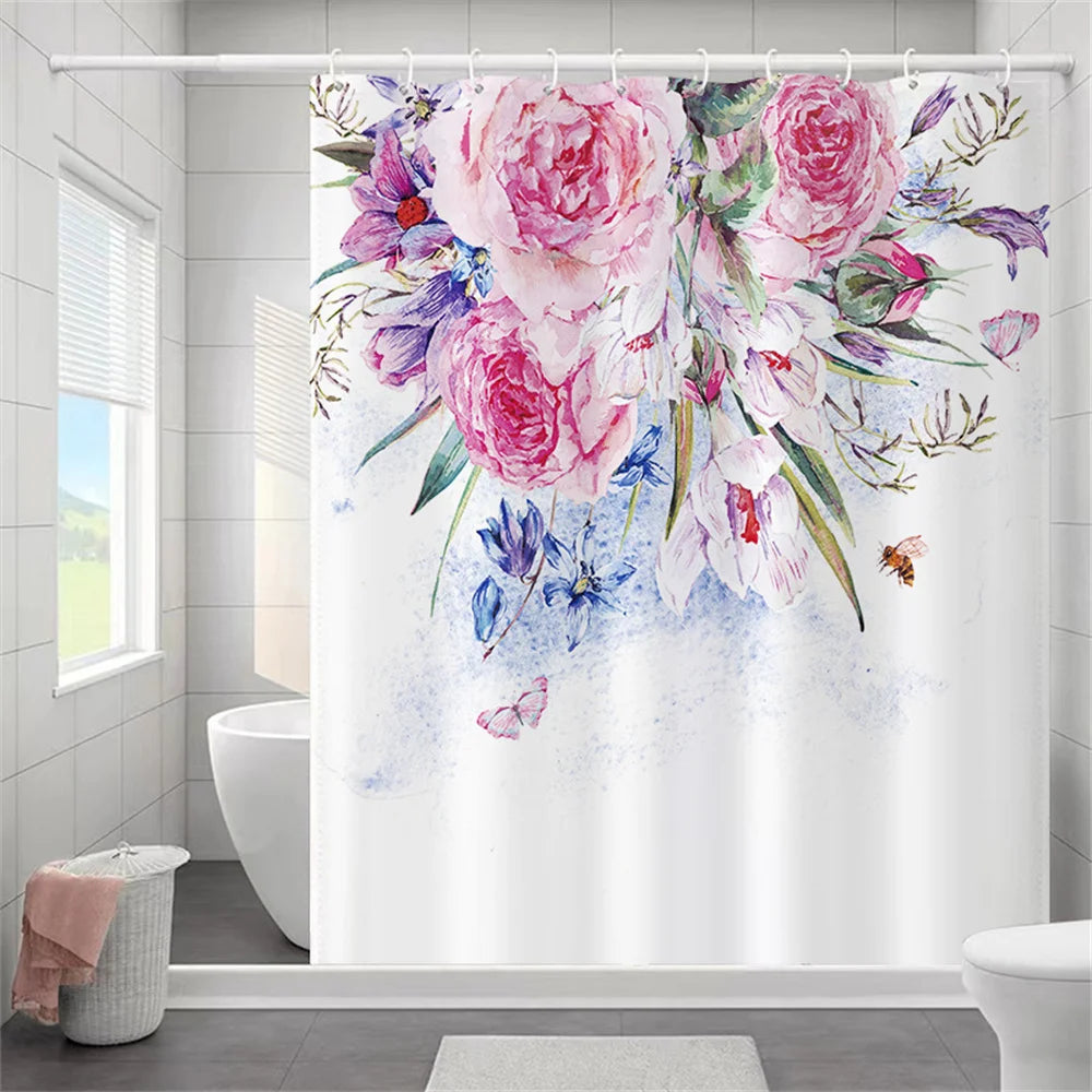 Butterfly Floral Bathroom Curtain Elegant Backleaf Shower Curtain Bathroom Polyester Waterproof Fabric Trim Hooks  Bath Curtain
