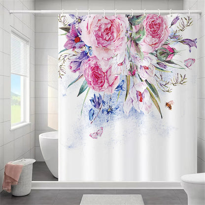 Butterfly Floral Bathroom Curtain Elegant Backleaf Shower Curtain Bathroom Polyester Waterproof Fabric Trim Hooks  Bath Curtain