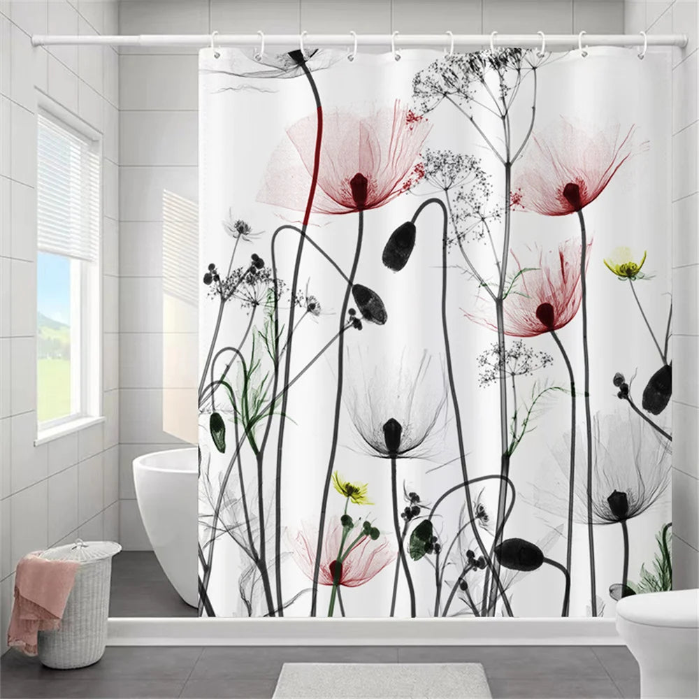Butterfly Floral Bathroom Curtain Elegant Backleaf Shower Curtain Bathroom Polyester Waterproof Fabric Trim Hooks  Bath Curtain
