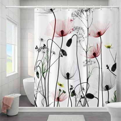 Butterfly Floral Bathroom Curtain Elegant Backleaf Shower Curtain Bathroom Polyester Waterproof Fabric Trim Hooks  Bath Curtain