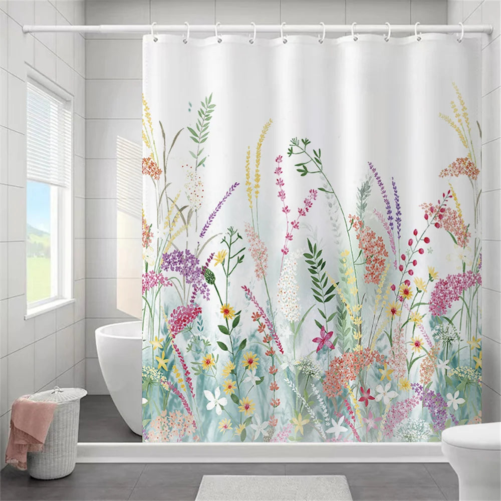 Butterfly Floral Bathroom Curtain Elegant Backleaf Shower Curtain Bathroom Polyester Waterproof Fabric Trim Hooks  Bath Curtain