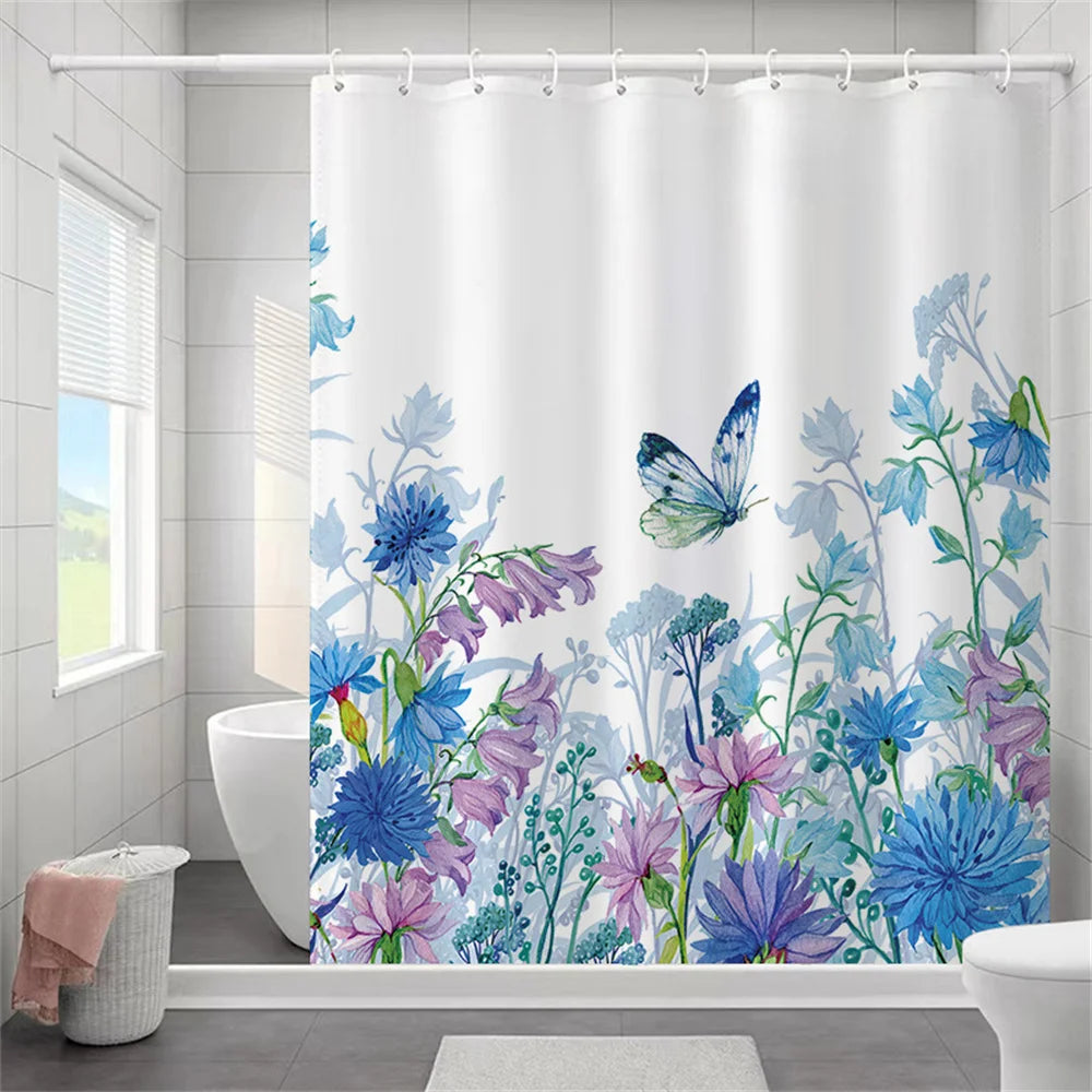 Butterfly Floral Bathroom Curtain Elegant Backleaf Shower Curtain Bathroom Polyester Waterproof Fabric Trim Hooks  Bath Curtain