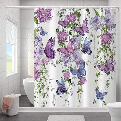 Butterfly Floral Bathroom Curtain Elegant Backleaf Shower Curtain Bathroom Polyester Waterproof Fabric Trim Hooks  Bath Curtain