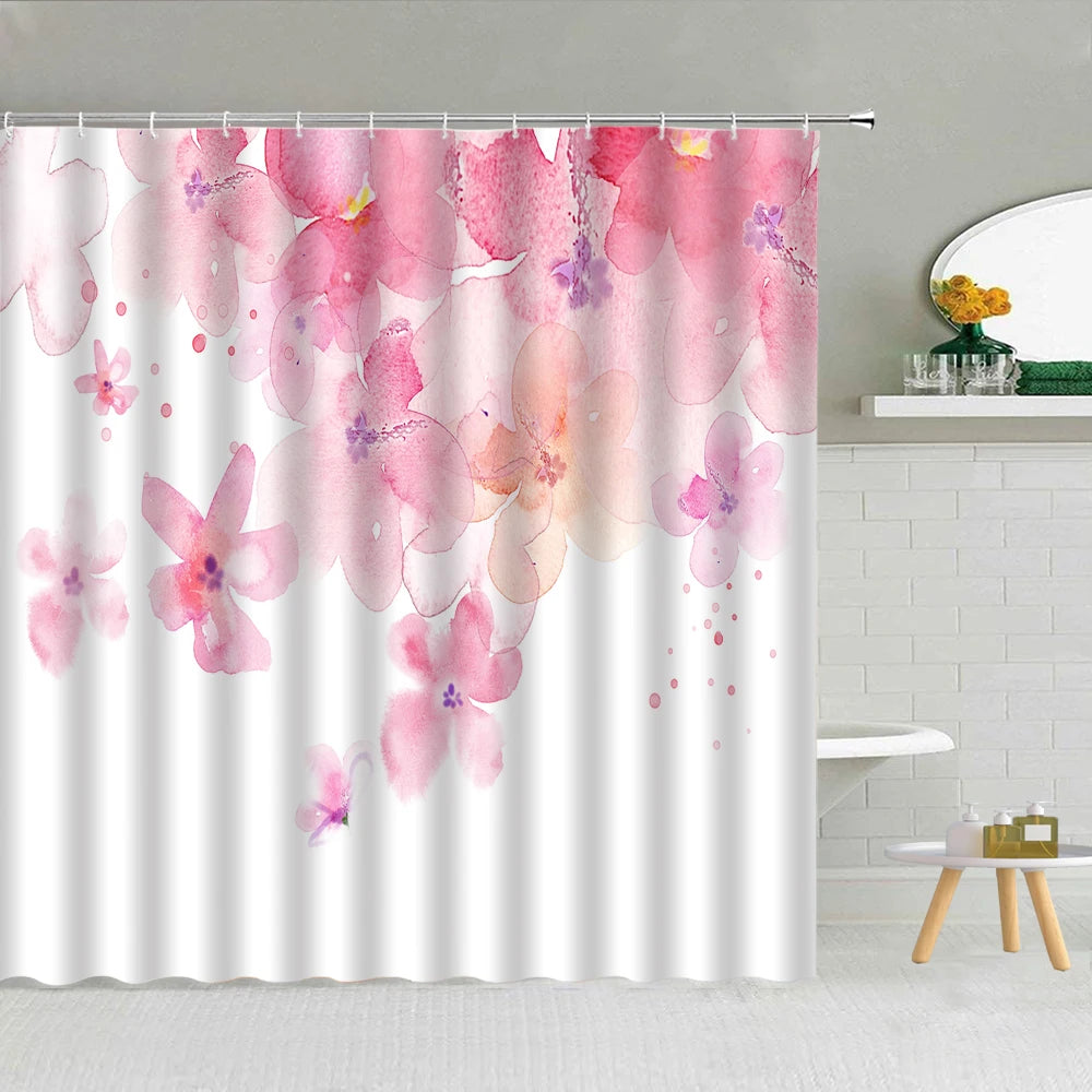 Butterfly Flower Shower Curtain Pink Rose Pearl Cherry Blossom Fashion Lady Bathroom Decor Waterproof Cloth Hooks Curtains Set