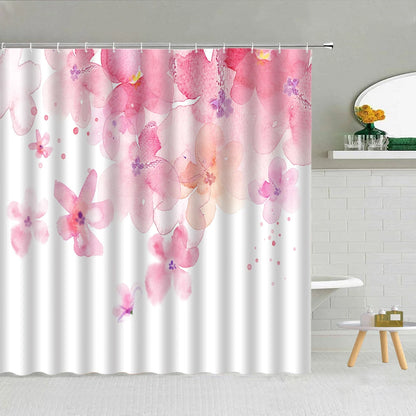 Butterfly Flower Shower Curtain Pink Rose Pearl Cherry Blossom Fashion Lady Bathroom Decor Waterproof Cloth Hooks Curtains Set