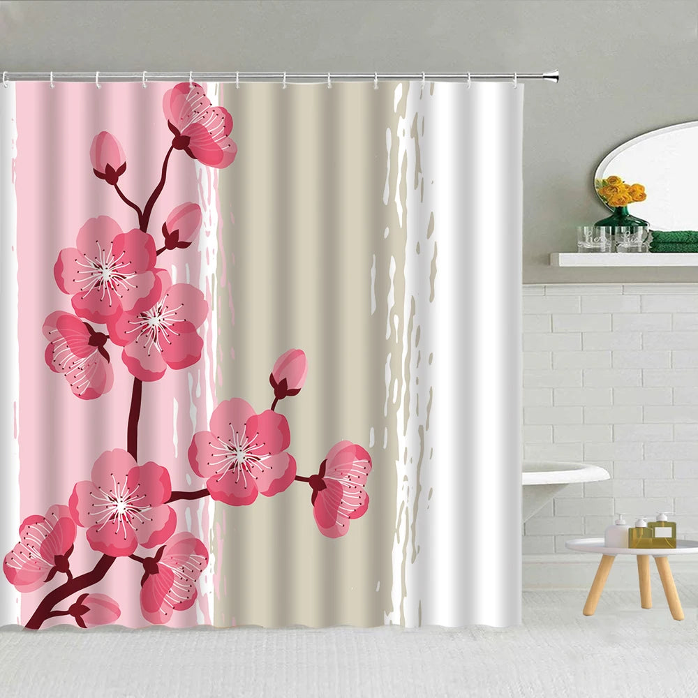 Butterfly Flower Shower Curtain Pink Rose Pearl Cherry Blossom Fashion Lady Bathroom Decor Waterproof Cloth Hooks Curtains Set