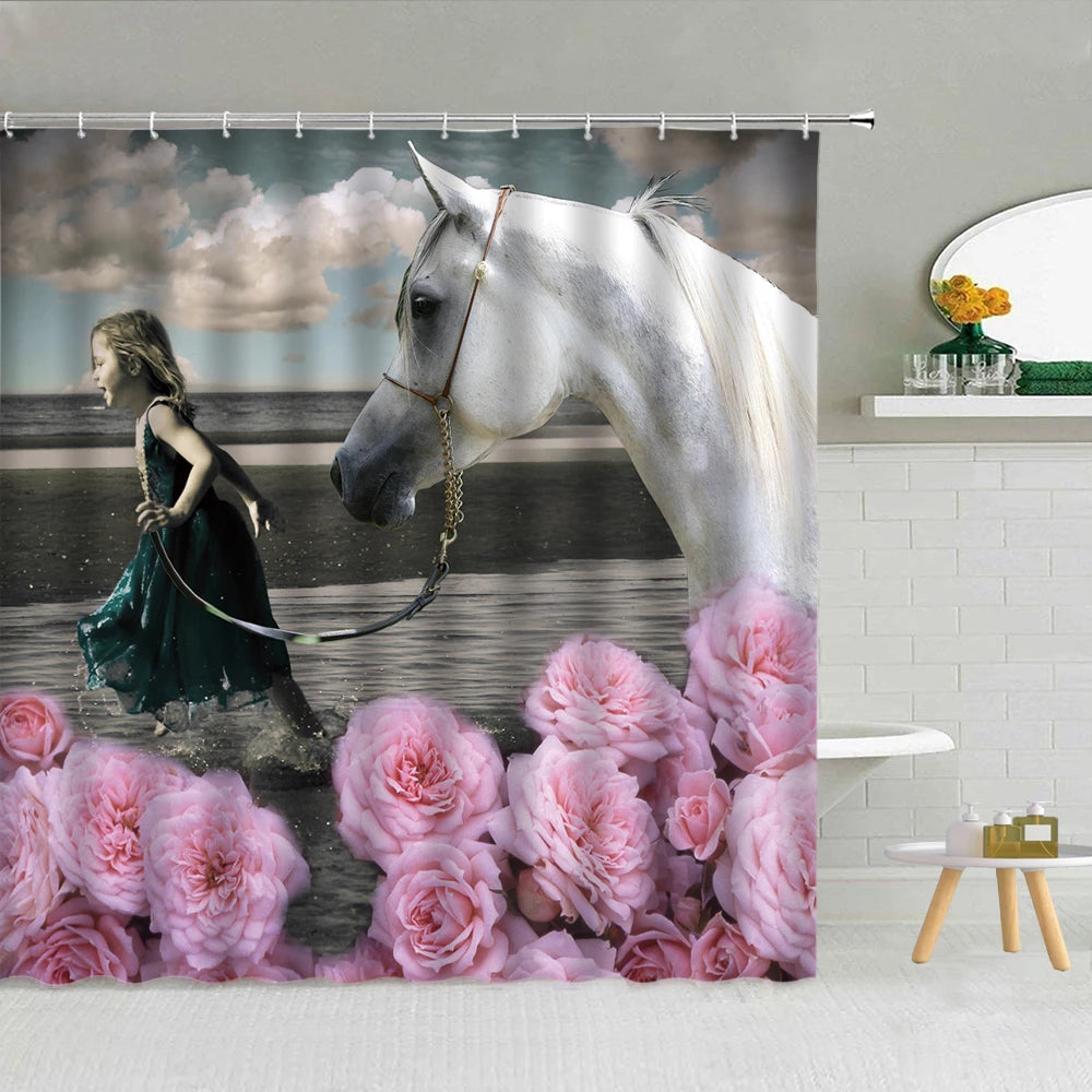 Butterfly Flower Shower Curtain Pink Rose Pearl Cherry Blossom Fashion Lady Bathroom Decor Waterproof Cloth Hooks Curtains Set