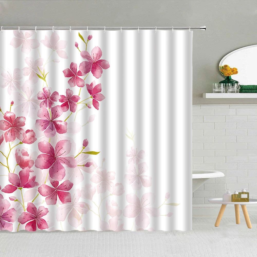 Butterfly Flower Shower Curtain Pink Rose Pearl Cherry Blossom Fashion Lady Bathroom Decor Waterproof Cloth Hooks Curtains Set
