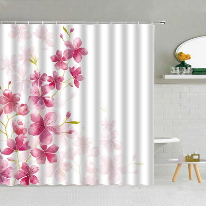 Butterfly Flower Shower Curtain Pink Rose Pearl Cherry Blossom Fashion Lady Bathroom Decor Waterproof Cloth Hooks Curtains Set