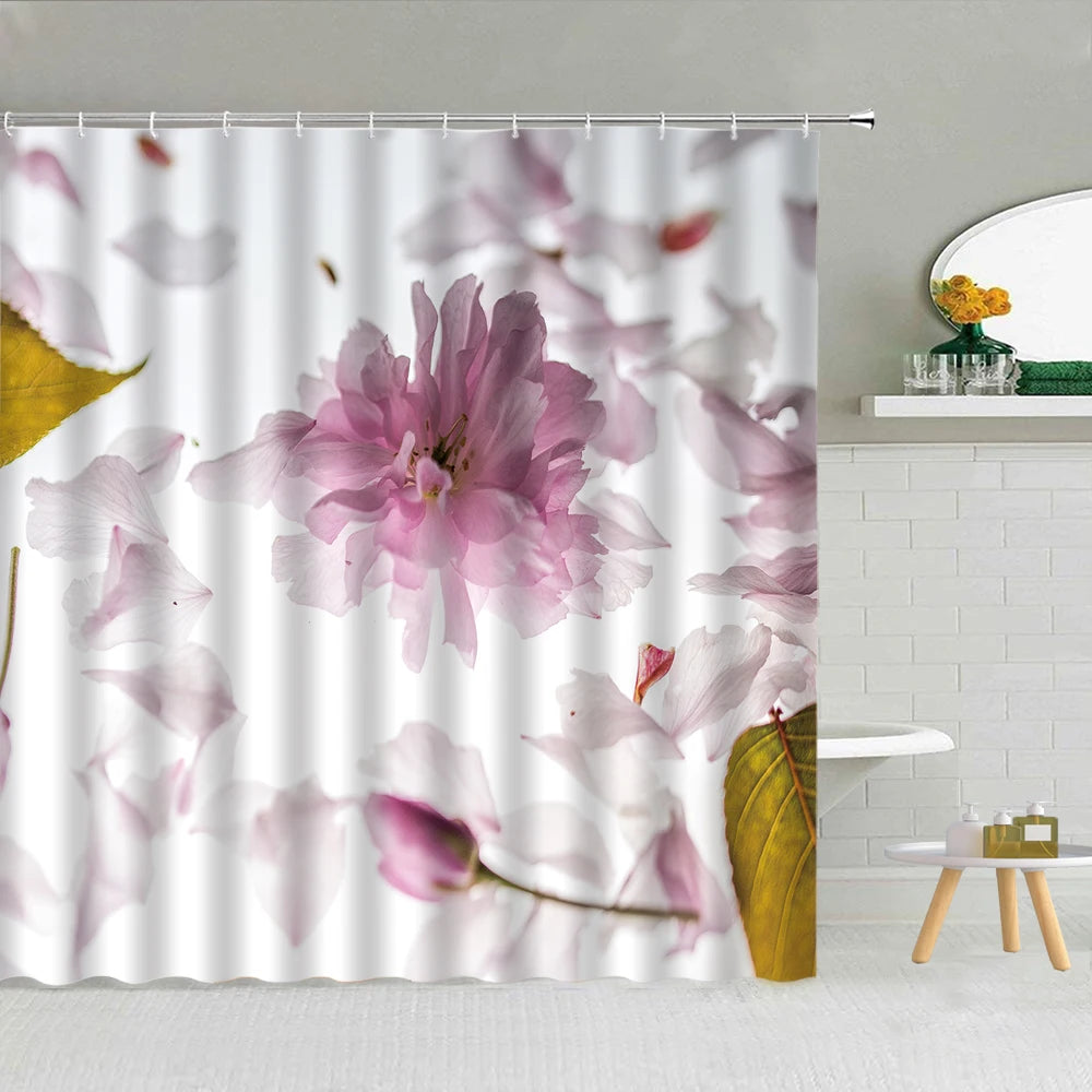 Butterfly Flower Shower Curtain Pink Rose Pearl Cherry Blossom Fashion Lady Bathroom Decor Waterproof Cloth Hooks Curtains Set