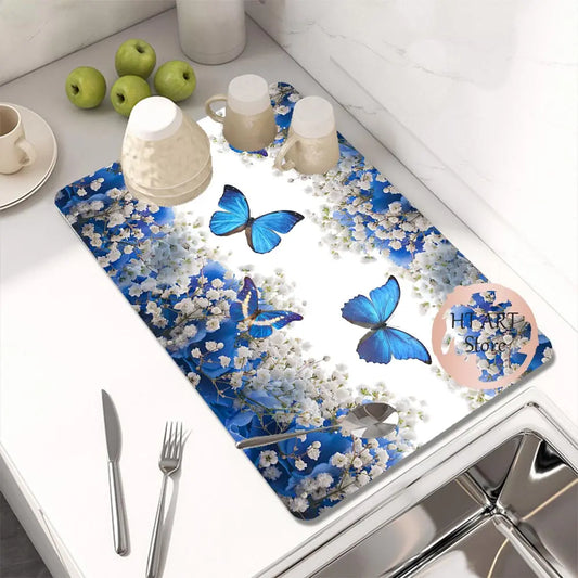 Butterfly Pattern Kitchen Water Absorbent Pad Diatomite Drying Dishes Drain Mat For Sink Countertop Protector Placemat For Mat
