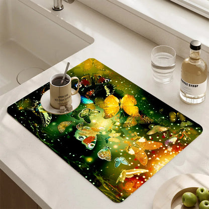 Butterfly Pattern Kitchen Water Absorbent Pad Diatomite Drying Dishes Drain Mat For Sink Countertop Protector Placemat For Mat