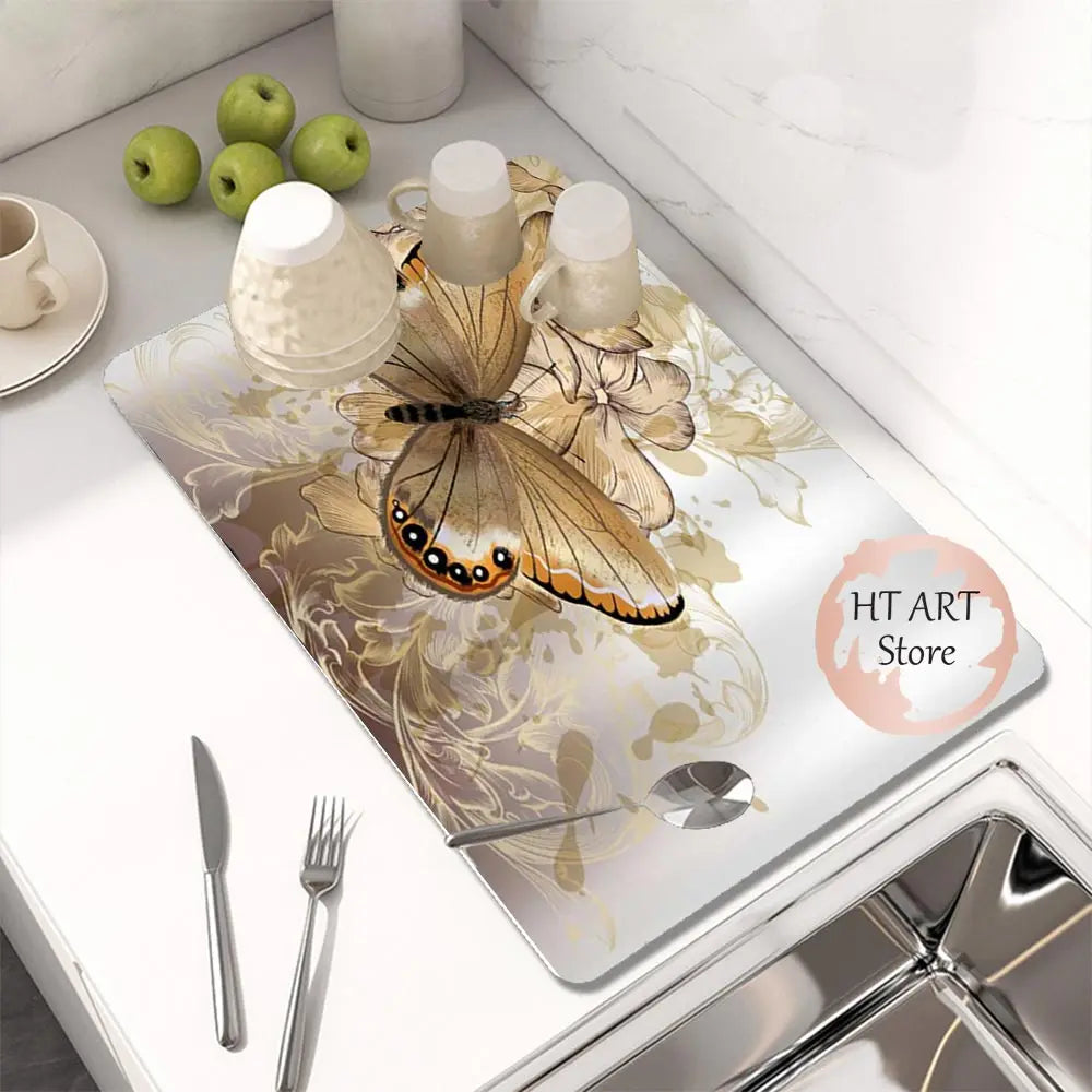 Butterfly Pattern Kitchen Water Absorbent Pad Diatomite Drying Dishes Drain Mat For Sink Countertop Protector Placemat For Mat