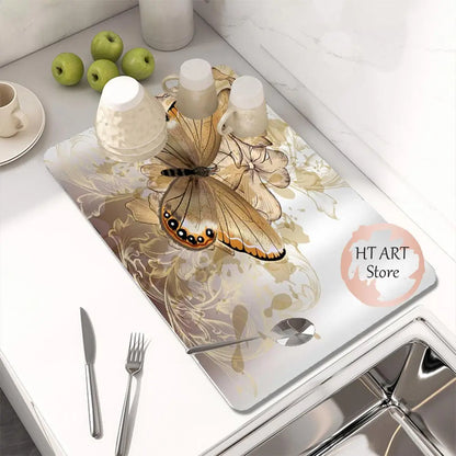 Butterfly Pattern Kitchen Water Absorbent Pad Diatomite Drying Dishes Drain Mat For Sink Countertop Protector Placemat For Mat