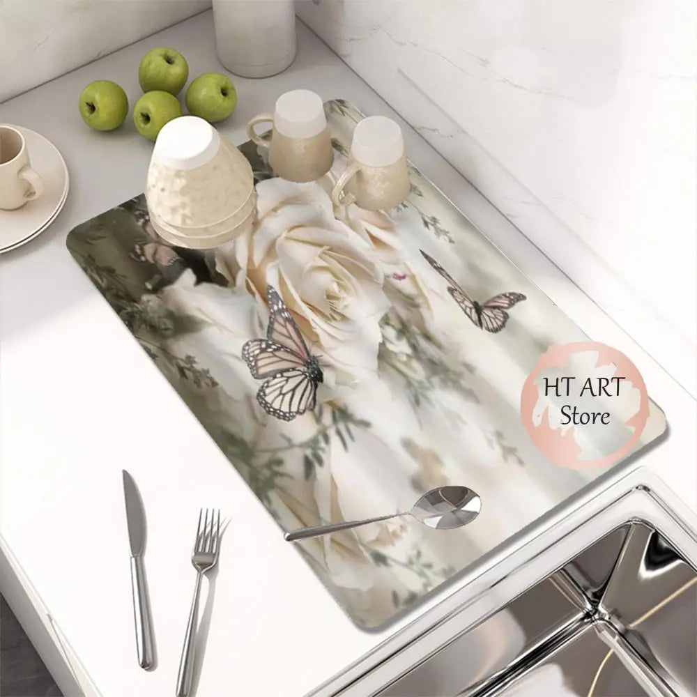 Butterfly Pattern Kitchen Water Absorbent Pad Diatomite Drying Dishes Drain Mat For Sink Countertop Protector Placemat For Mat