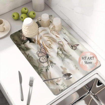 Butterfly Pattern Kitchen Water Absorbent Pad Diatomite Drying Dishes Drain Mat For Sink Countertop Protector Placemat For Mat