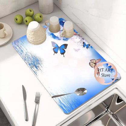 Butterfly Pattern Kitchen Water Absorbent Pad Diatomite Drying Dishes Drain Mat For Sink Countertop Protector Placemat For Mat