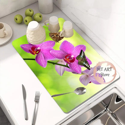 Butterfly Pattern Kitchen Water Absorbent Pad Diatomite Drying Dishes Drain Mat For Sink Countertop Protector Placemat For Mat