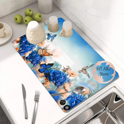 Butterfly Pattern Kitchen Water Absorbent Pad Diatomite Drying Dishes Drain Mat For Sink Countertop Protector Placemat For Mat