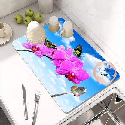 Butterfly Pattern Kitchen Water Absorbent Pad Diatomite Drying Dishes Drain Mat For Sink Countertop Protector Placemat For Mat