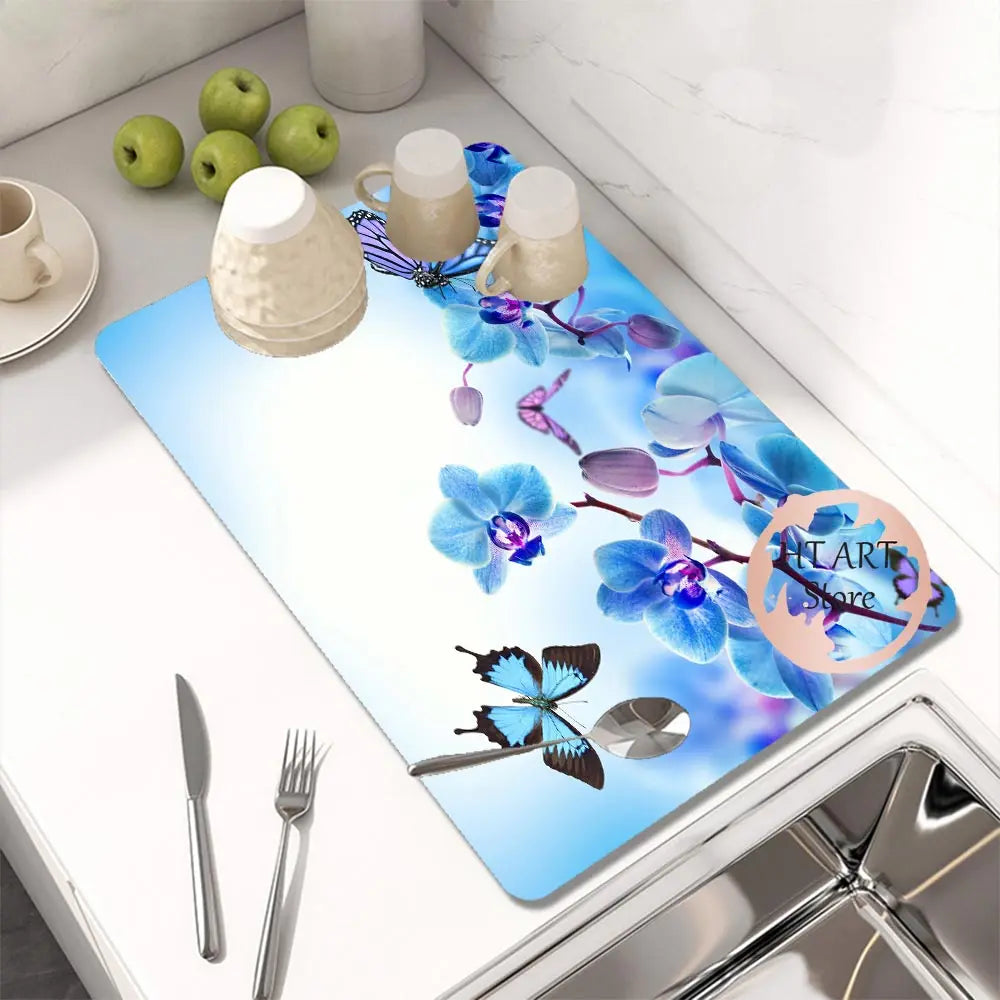 Butterfly Pattern Kitchen Water Absorbent Pad Diatomite Drying Dishes Drain Mat For Sink Countertop Protector Placemat For Mat