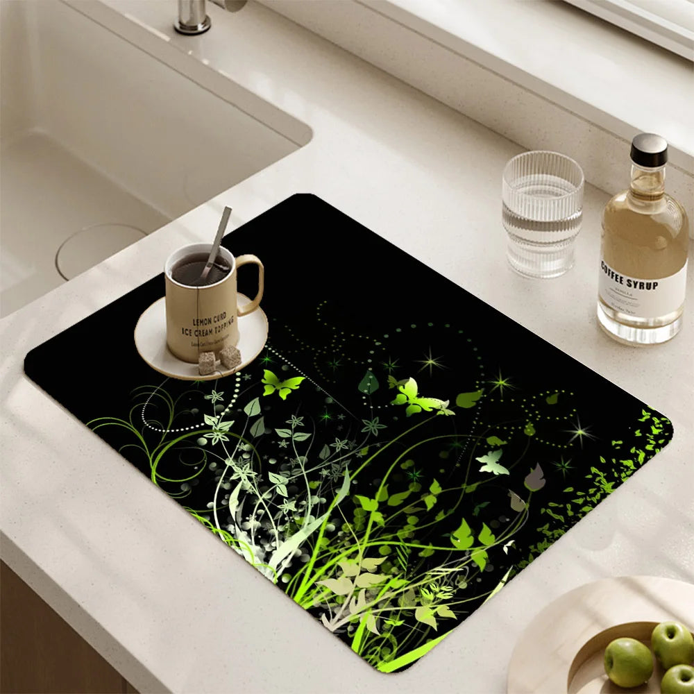 Butterfly Pattern Kitchen Water Absorbent Pad Diatomite Drying Dishes Drain Mat For Sink Countertop Protector Placemat For Mat