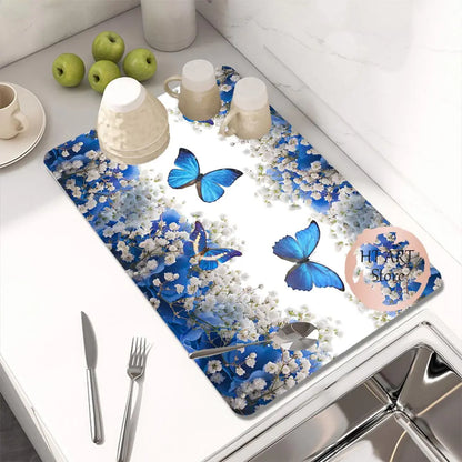 Butterfly Pattern Kitchen Water Absorbent Pad Diatomite Drying Dishes Drain Mat For Sink Countertop Protector Placemat For Mat