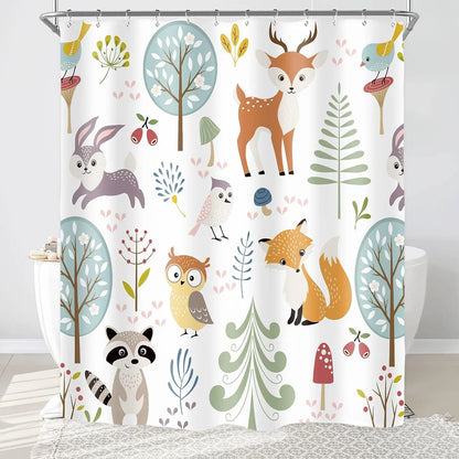 Cartoon Hand-Painted Animal Shower Curtain Cat Bird Rabbit Plant Flower Child Bathroom Decor With Hook Hanging Screen Washable