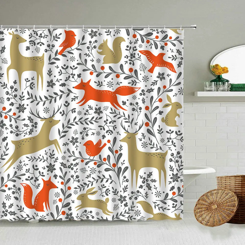 Cartoon Hand-Painted Animal Shower Curtain Cat Bird Rabbit Plant Flower Child Bathroom Decor With Hook Hanging Screen Washable