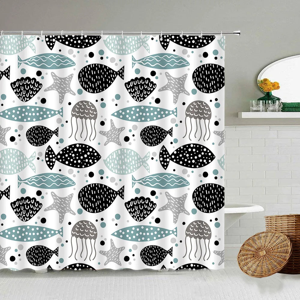 Cartoon Hand-Painted Animal Shower Curtain Cat Bird Rabbit Plant Flower Child Bathroom Decor With Hook Hanging Screen Washable
