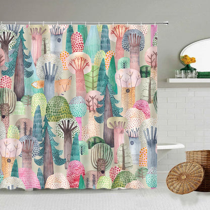 Cartoon Hand-Painted Animal Shower Curtain Cat Bird Rabbit Plant Flower Child Bathroom Decor With Hook Hanging Screen Washable