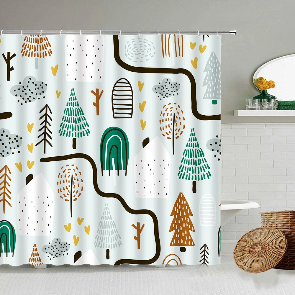 Cartoon Hand-Painted Animal Shower Curtain Cat Bird Rabbit Plant Flower Child Bathroom Decor With Hook Hanging Screen Washable