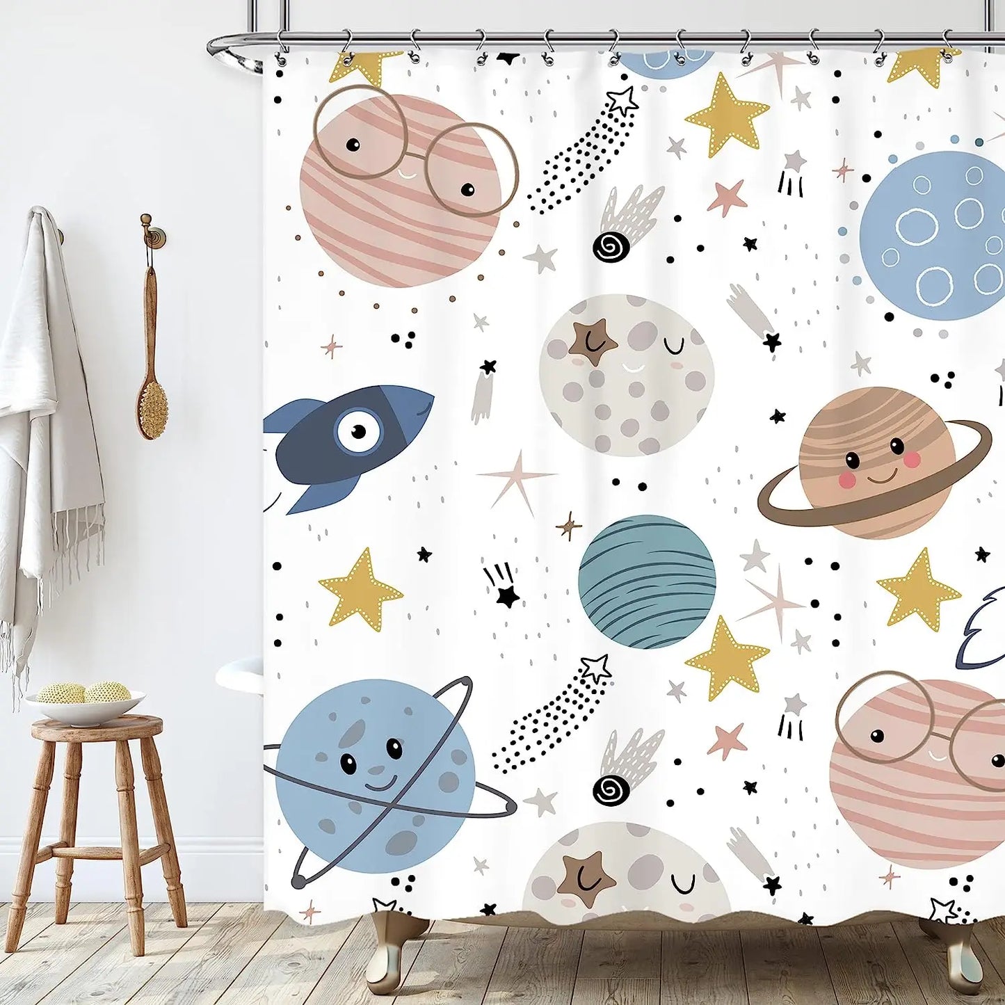 Cartoon Planet Shower Curtain Cute Cosmic Shower Curtain Galactic Space Kids Cloth Shower Curtains Bathroom Decor Set With Hooks