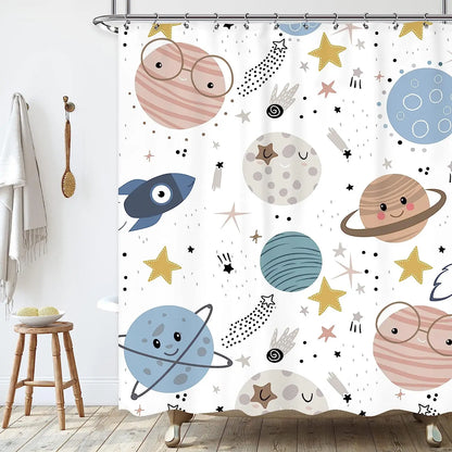 Cartoon Planet Shower Curtain Cute Cosmic Shower Curtain Galactic Space Kids Cloth Shower Curtains Bathroom Decor Set With Hooks