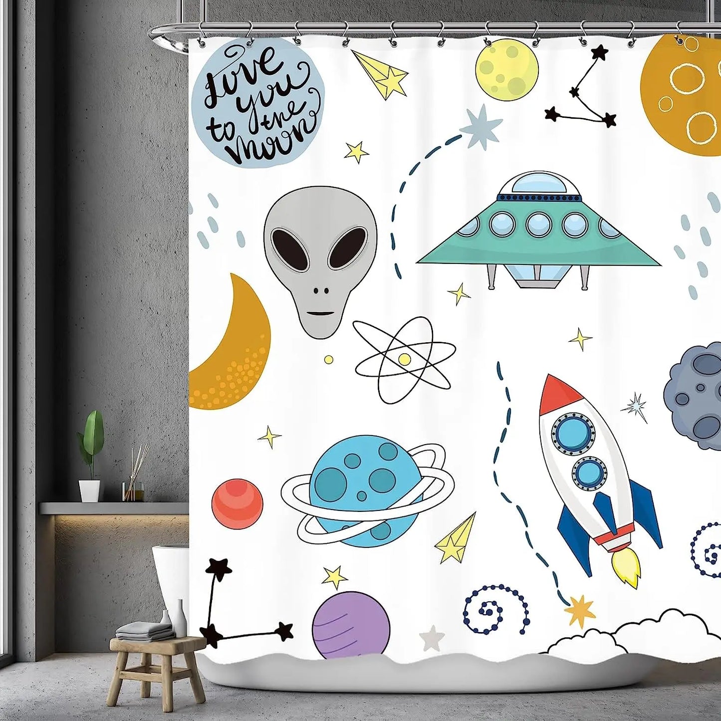 Cartoon Planet Shower Curtain Cute Cosmic Shower Curtain Galactic Space Kids Cloth Shower Curtains Bathroom Decor Set With Hooks