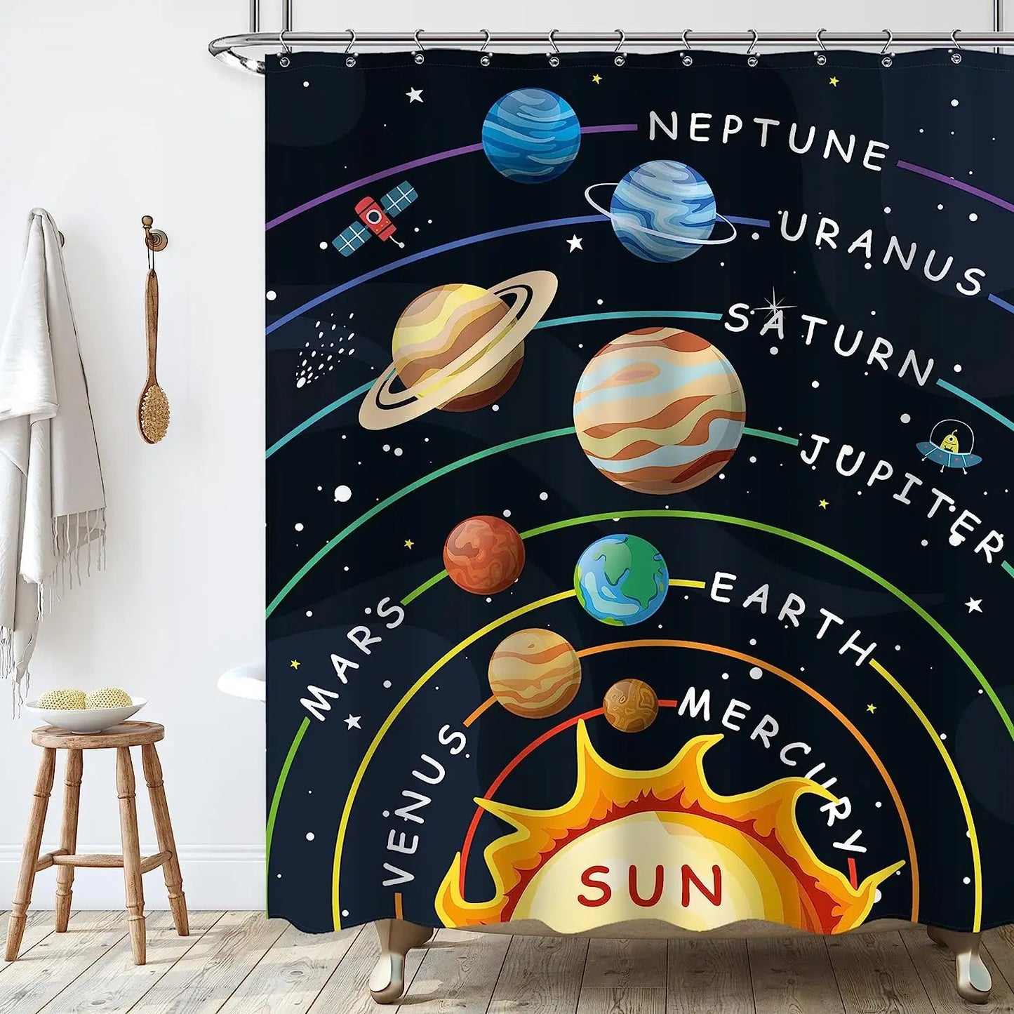 Cartoon Planet Shower Curtain Cute Cosmic Shower Curtain Galactic Space Kids Cloth Shower Curtains Bathroom Decor Set With Hooks