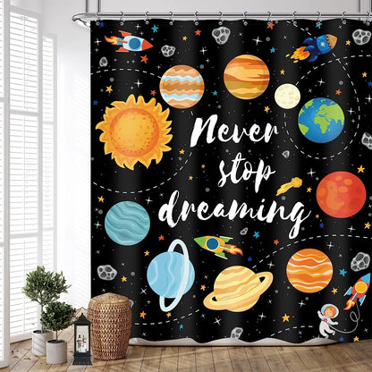 Cartoon Planet Shower Curtain Cute Cosmic Shower Curtain Galactic Space Kids Cloth Shower Curtains Bathroom Decor Set With Hooks