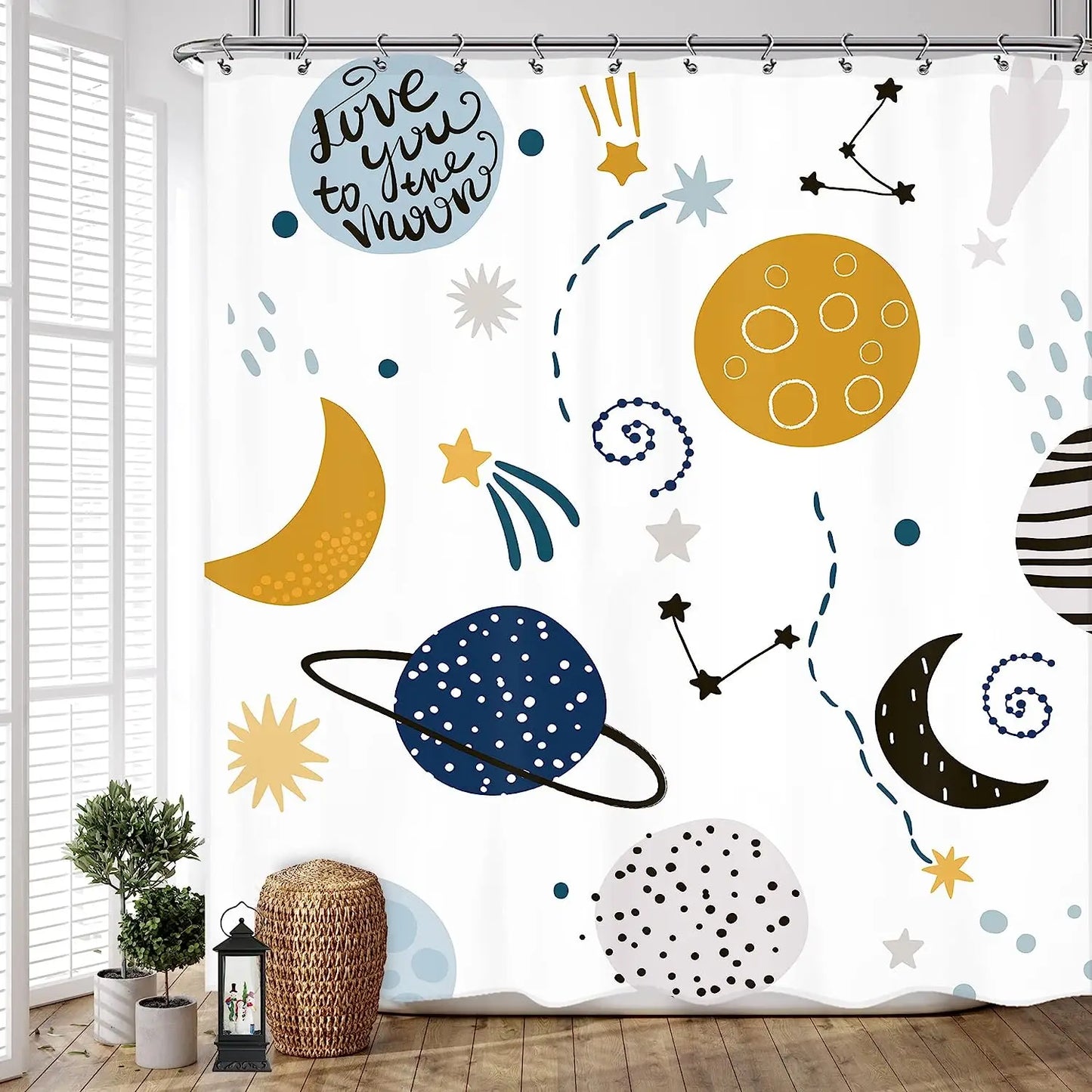 Cartoon Planet Shower Curtain Cute Cosmic Shower Curtain Galactic Space Kids Cloth Shower Curtains Bathroom Decor Set With Hooks