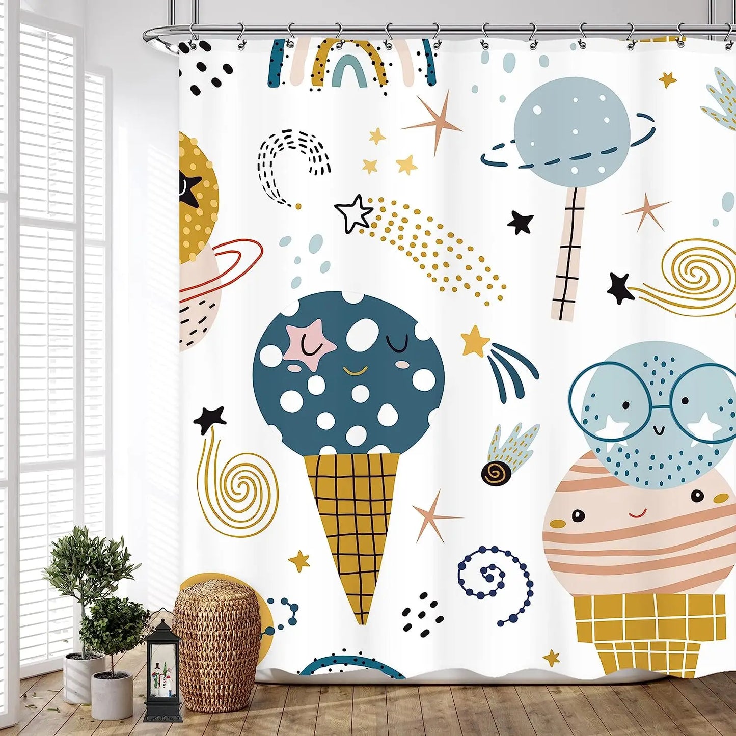 Cartoon Planet Shower Curtain Cute Cosmic Shower Curtain Galactic Space Kids Cloth Shower Curtains Bathroom Decor Set With Hooks