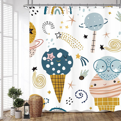 Cartoon Planet Shower Curtain Cute Cosmic Shower Curtain Galactic Space Kids Cloth Shower Curtains Bathroom Decor Set With Hooks